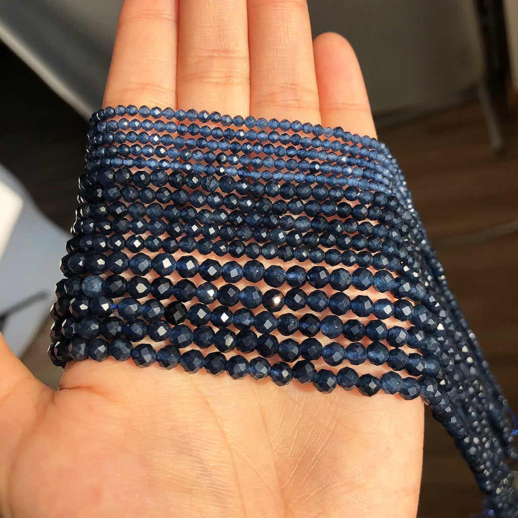2 3 4mm Natural Faceted Blue Sapphire Stones Loose Spacer Beads for Jewelry Making DIY Bracelet Earrings Accessories 15''Inch