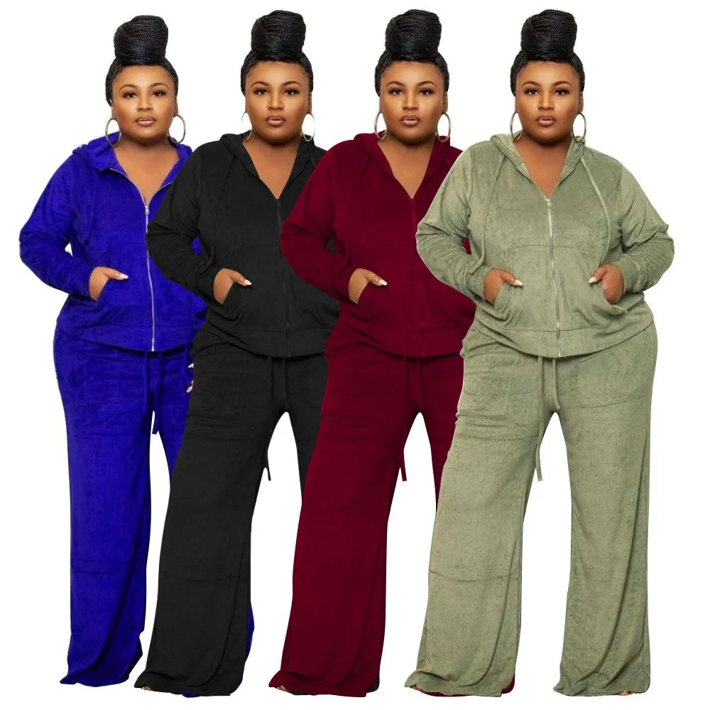 N7770 Trendy Autumn Winter Plus Size Womens Clothing Wide Leg Pants Set for Women Two Pieces Velour Hoodies and Sweat Pants Set