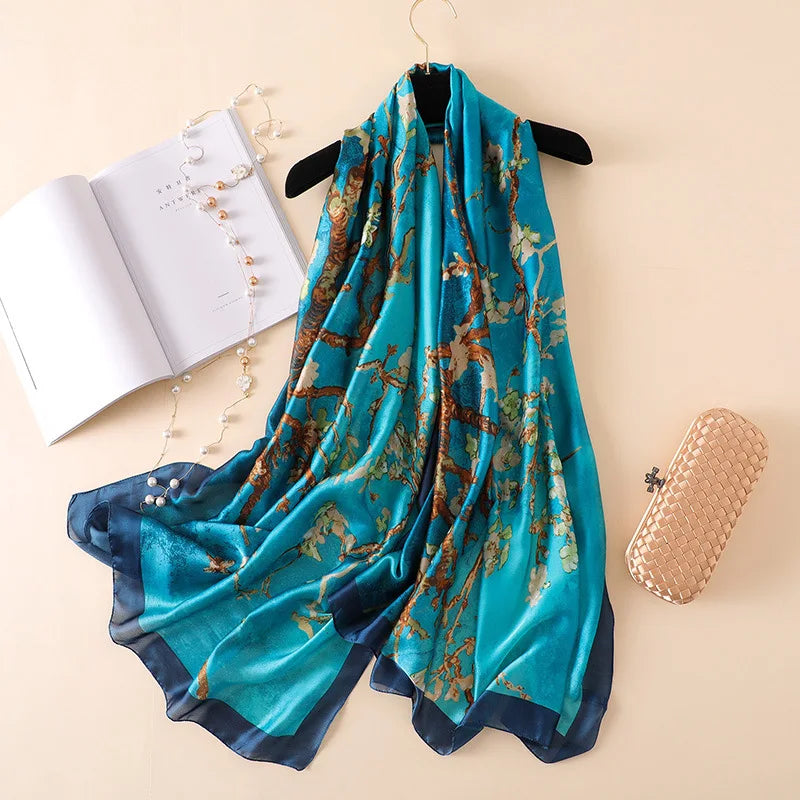 Spain Luxury Silk Scarf Women Designer Van Gogh Oil Painting Floral Silk Shawls Pashmina Ladies Wraps Scarves Foulard New Hijab