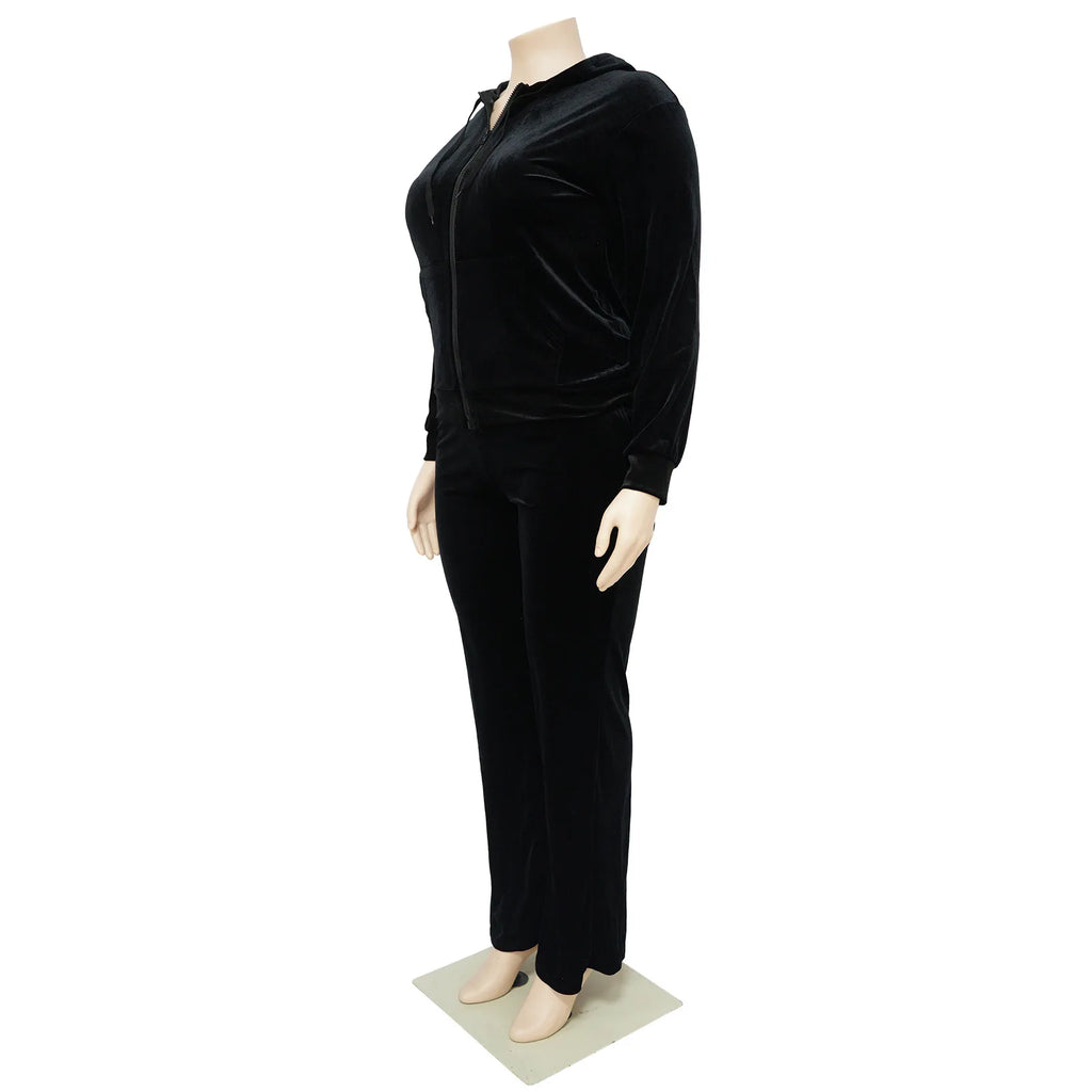 N7770 Trendy Autumn Winter Plus Size Womens Clothing Wide Leg Pants Set for Women Two Pieces Velour Hoodies and Sweat Pants Set