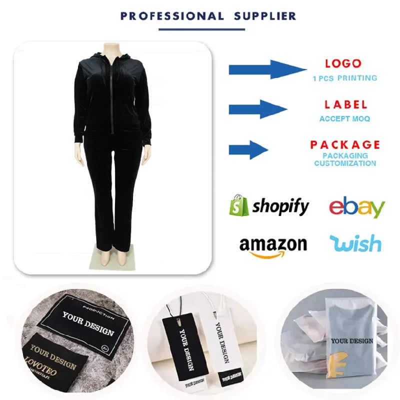 N7770 Trendy Autumn Winter Plus Size Womens Clothing Wide Leg Pants Set for Women Two Pieces Velour Hoodies and Sweat Pants Set