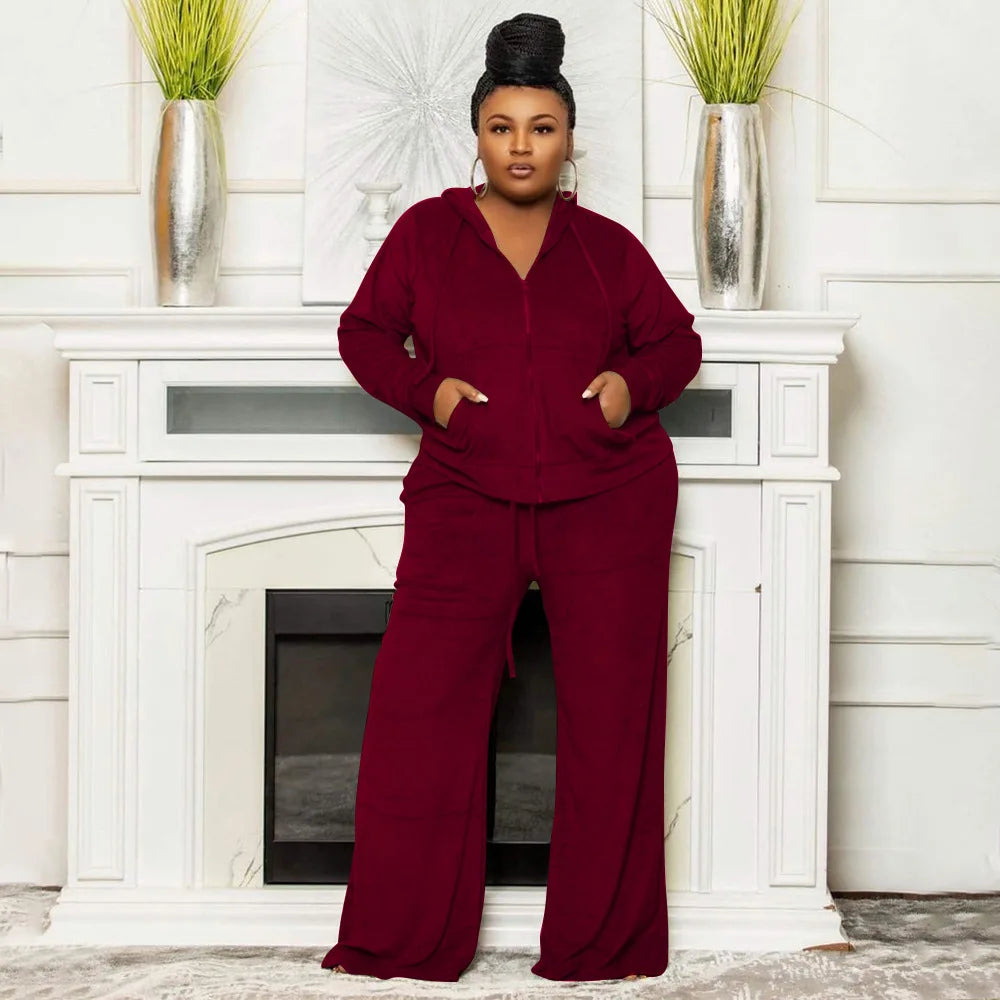 N7770 Trendy Autumn Winter Plus Size Womens Clothing Wide Leg Pants Set for Women Two Pieces Velour Hoodies and Sweat Pants Set