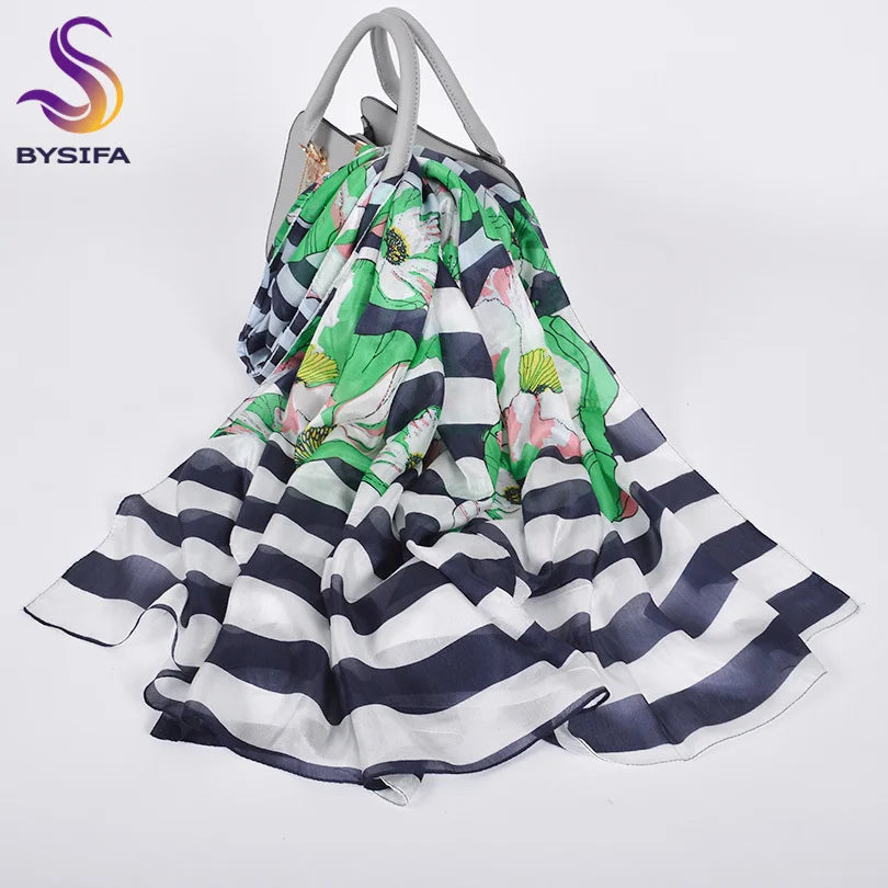 [BYSIFA] New Blue Green Silk Scarf Shawl Women Fashion Brand 100% Pure Silk Long Scarves Autum Winter Warm Neck Head Scarf Hijab
