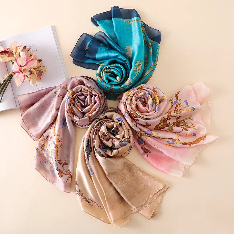 Spain Luxury Silk Scarf Women Designer Van Gogh Oil Painting Floral Silk Shawls Pashmina Ladies Wraps Scarves Foulard New Hijab