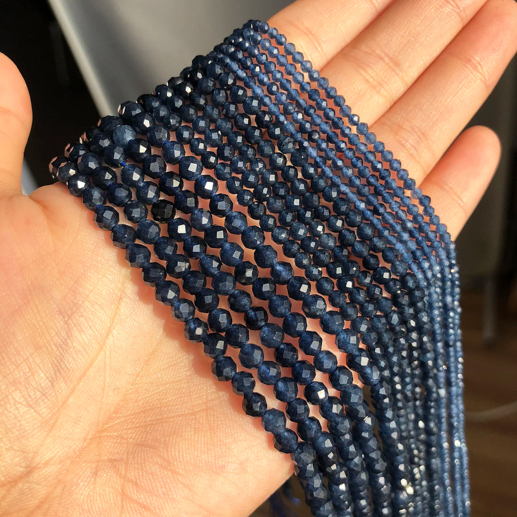 2 3 4mm Natural Faceted Blue Sapphire Stones Loose Spacer Beads for Jewelry Making DIY Bracelet Earrings Accessories 15''Inch