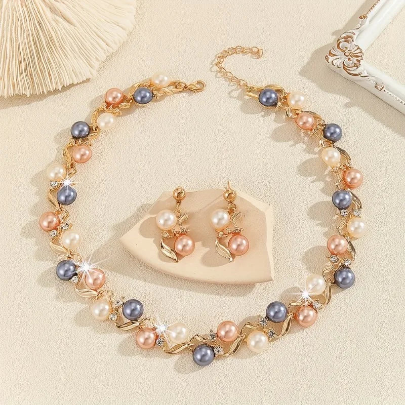 Luxury Elegant Pearl Necklace Rhinestone Metal Colorful Pearl Necklace Leaf Women Jewelry Necklace Earrings Set Gifts