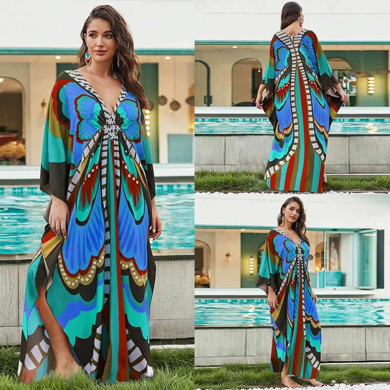 Women Ethnic Print Kaftan Beach Dress Bathing Suit Plus Size Swimsuit Cover Up Beachwear
