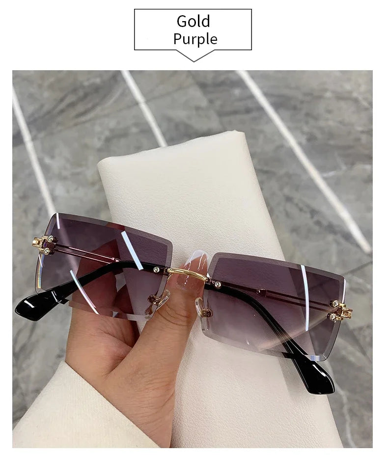 Vintage Fashion Rimless Sunglasses for Women Frameless Rectangle Shades Gradient UV400 Summer Traveling Sun Glasses for Womenn