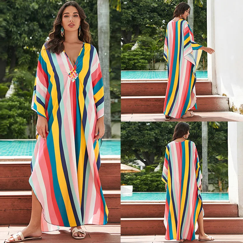 Women Ethnic Print Kaftan Beach Dress Bathing Suit Plus Size Swimsuit Cover Up Beachwear