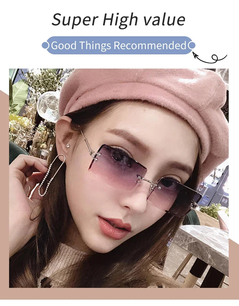 Vintage Fashion Rimless Sunglasses for Women Frameless Rectangle Shades Gradient UV400 Summer Traveling Sun Glasses for Womenn