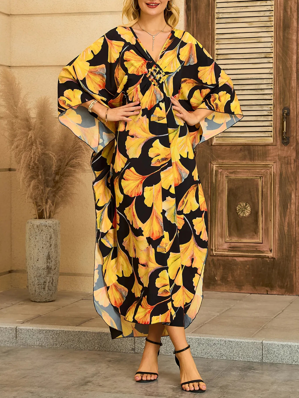Women Kaftan Dresses Plus Size V-Neck Batwing Sleeves Beach Cover Up Summer Floral Print Caftan Dress