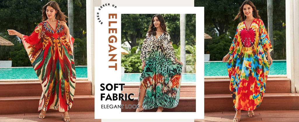 Kaftan Dresses for Women Plus Size Batwing Sleeve Caftans Long Bathing Suit Cover Up Maxi Beach Dress Loungewear