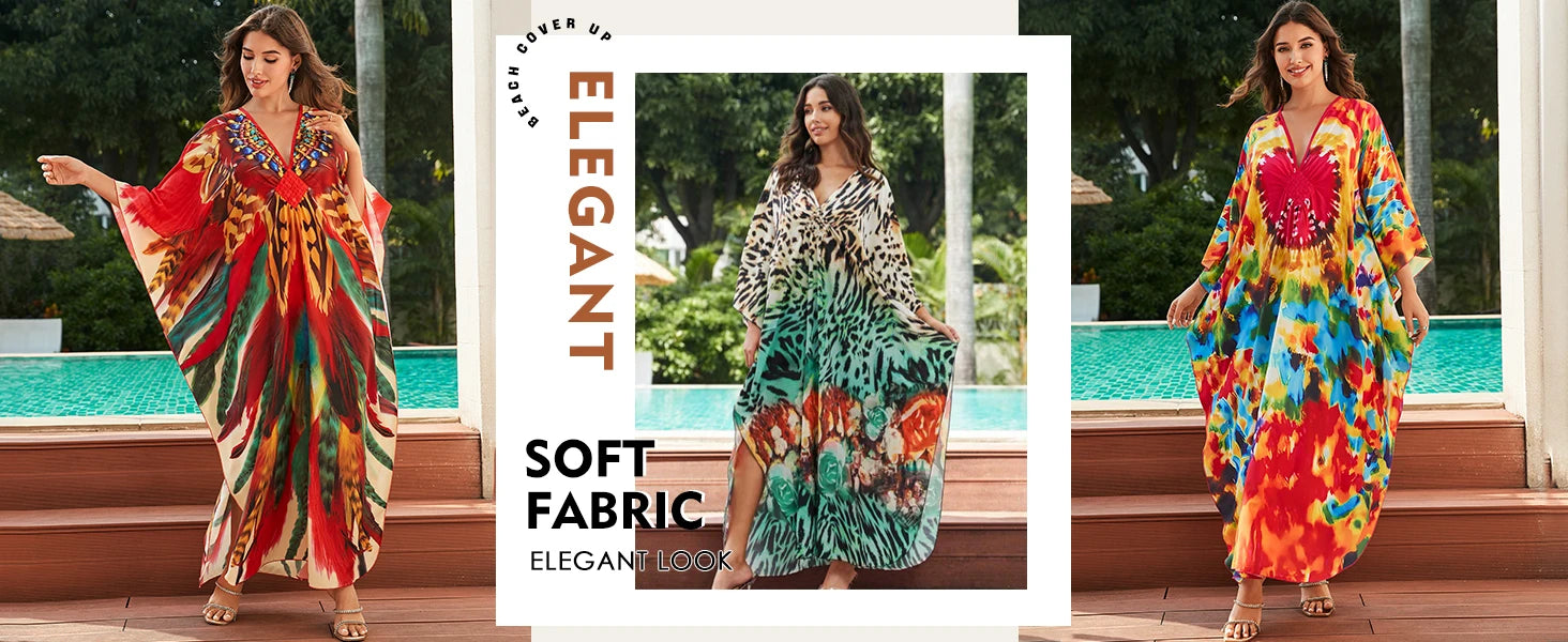 Kaftan Dresses for Women Plus Size Batwing Sleeve Caftans Long Bathing Suit Cover Up Maxi Beach Dress Loungewear
