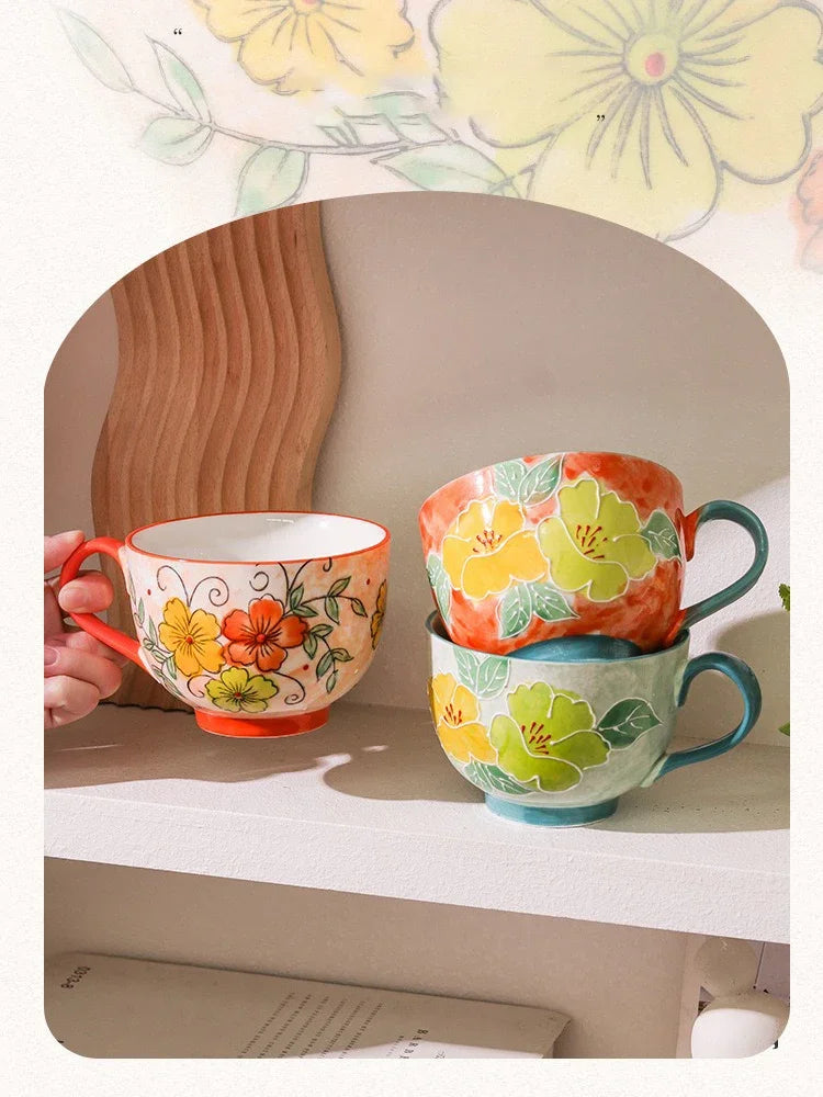 500ML Ceramic Coffee Mugs Large Capacity Hand-painted Relief Breakfast Cup Milk Oat Flower Tea Cups Creative Drinking Water Mug
