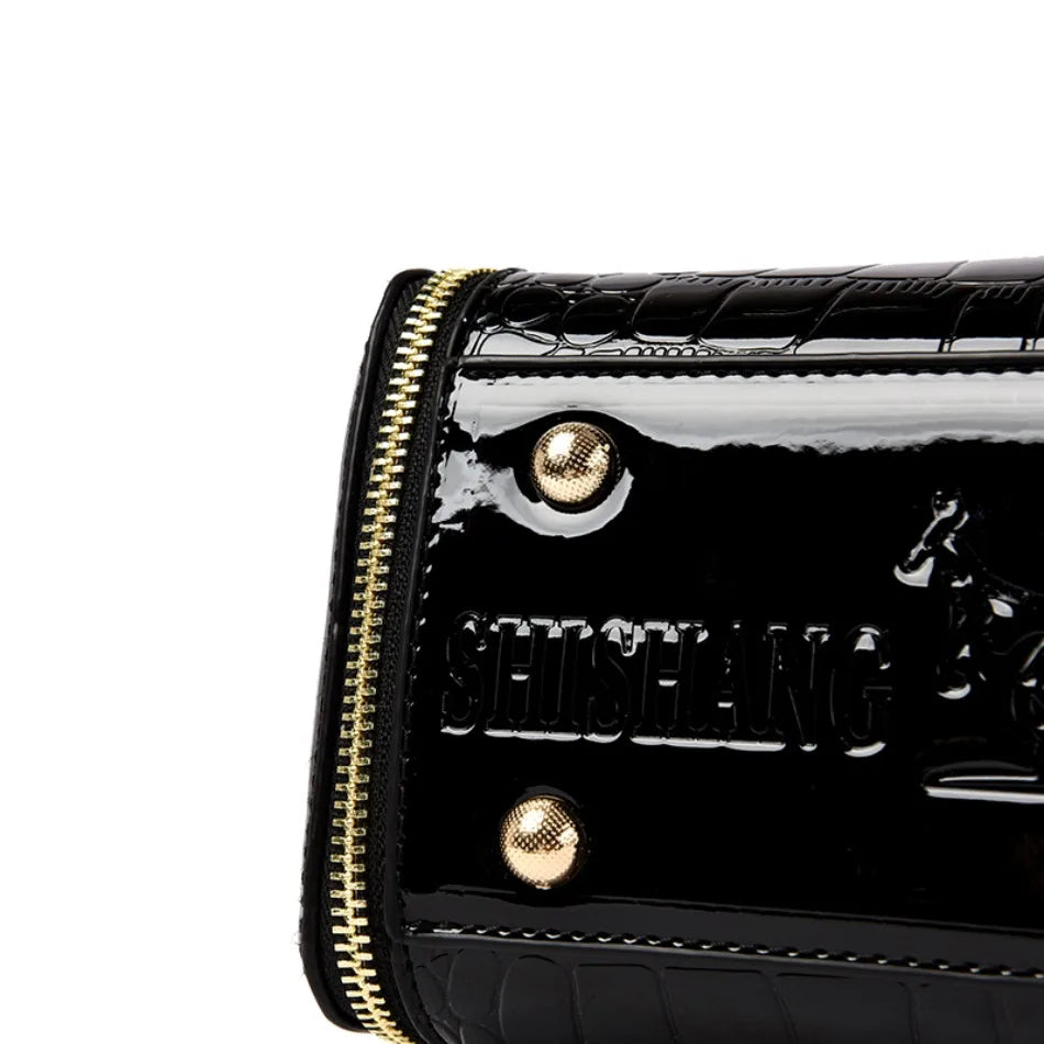 Women's Glossy Crocodile Embossed Patent Leather Bucket Bag Casual Top Handle Crossbody Shoulder Handbag for Daily Commute Sac