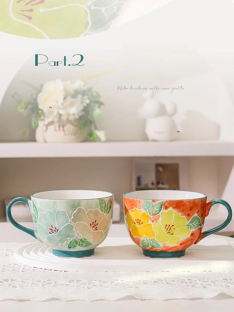 500ML Ceramic Coffee Mugs Large Capacity Hand-painted Relief Breakfast Cup Milk Oat Flower Tea Cups Creative Drinking Water Mug
