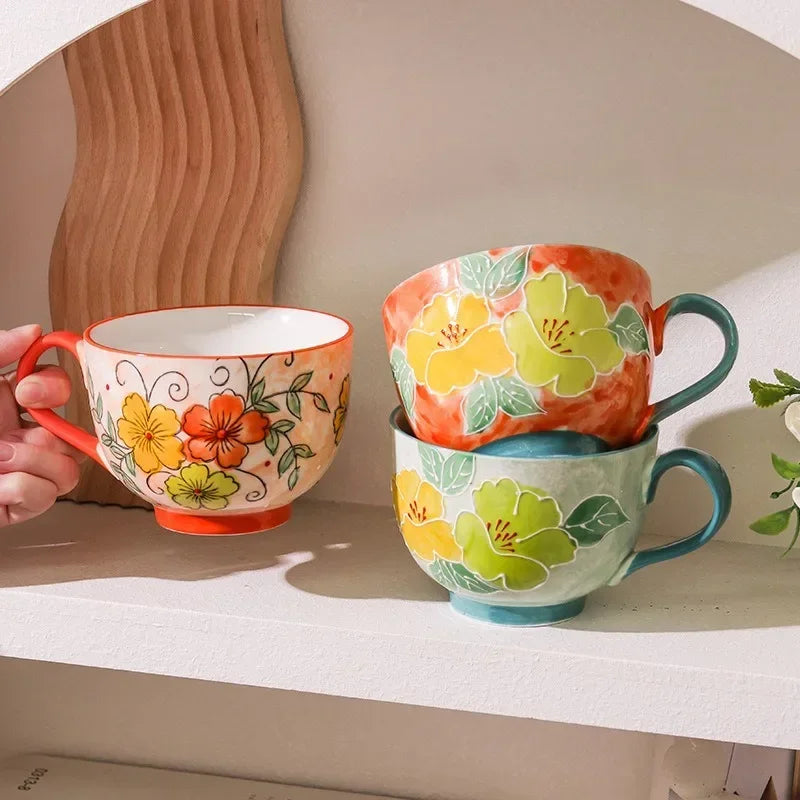 500ML Ceramic Coffee Mugs Large Capacity Hand-painted Relief Breakfast Cup Milk Oat Flower Tea Cups Creative Drinking Water Mug