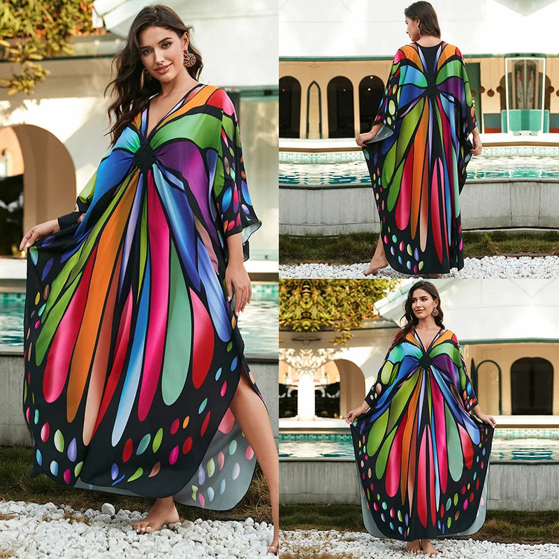 Women Ethnic Print Kaftan Beach Dress Bathing Suit Plus Size Swimsuit Cover Up Beachwear