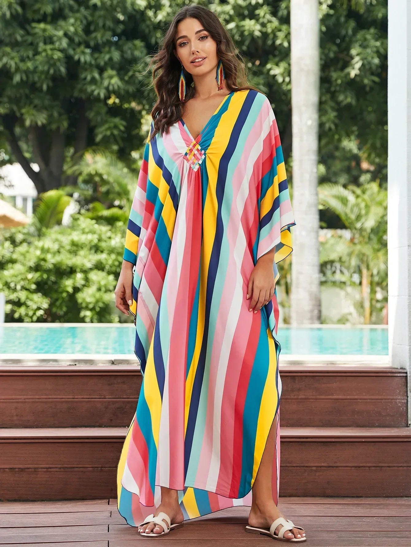 Women Ethnic Print Kaftan Beach Dress Bathing Suit Plus Size Swimsuit Cover Up Beachwear