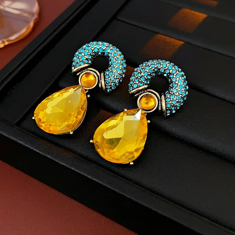 Rhinestone Circle Water Drop Metal Vintage Dangle Earrings for Women Personality Exquisite New in Earring 2024 Aesthetic Jewelry