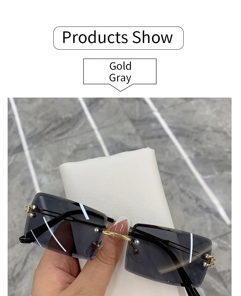 Vintage Fashion Rimless Sunglasses for Women Frameless Rectangle Shades Gradient UV400 Summer Traveling Sun Glasses for Womenn