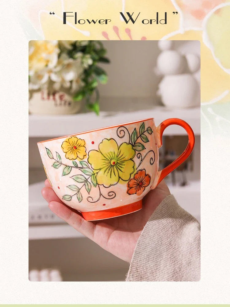 500ML Ceramic Coffee Mugs Large Capacity Hand-painted Relief Breakfast Cup Milk Oat Flower Tea Cups Creative Drinking Water Mug