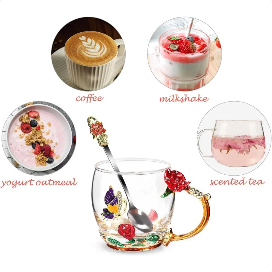 Flower Tea Cup Butterfly Rose Clear Glass Fancy Coffee Mug with Spoon Gift Box for Her Mom Wife Grandma Girls Friends Valentine