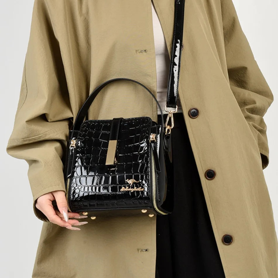 Women's Glossy Crocodile Embossed Patent Leather Bucket Bag Casual Top Handle Crossbody Shoulder Handbag for Daily Commute Sac