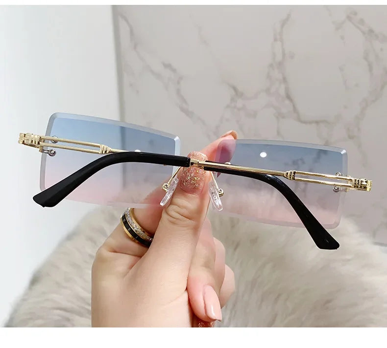 Vintage Fashion Rimless Sunglasses for Women Frameless Rectangle Shades Gradient UV400 Summer Traveling Sun Glasses for Womenn