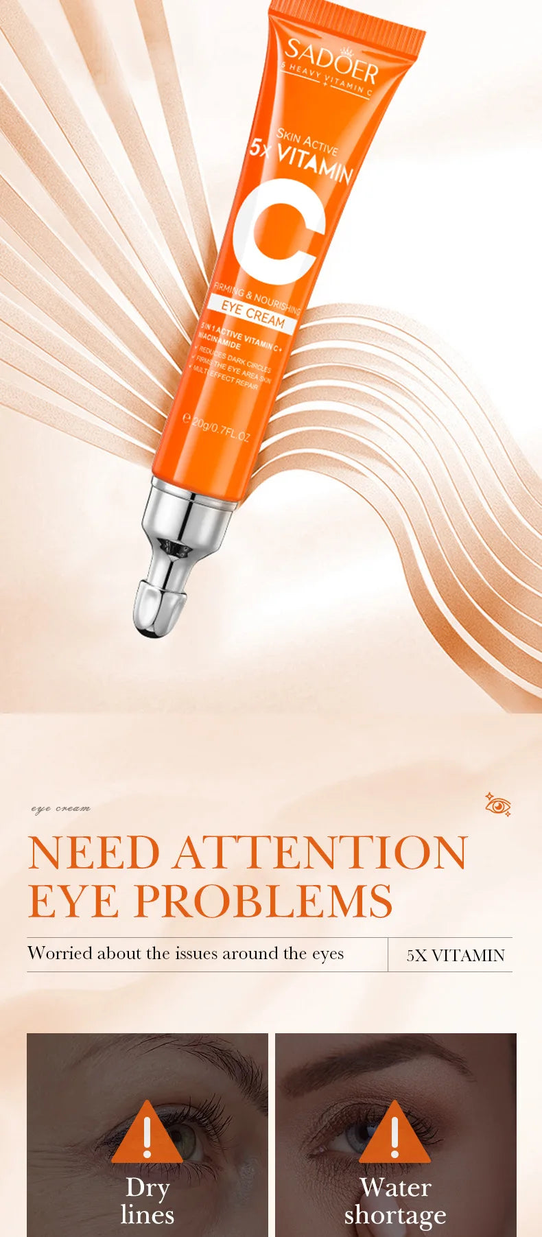 SADOER Vitamin C Eye Cream Anti Dark Circles Eyes Bags Remover Moisturizing Brightening Firming Skin Care Products for Eyes