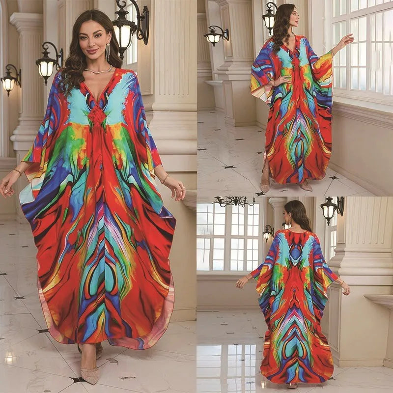 New 2025 Women's Cotton Beach Cover up Loose Kimono Sle Printed Sarong Swimwear Beach Coat Cross-Border Sports Fitn