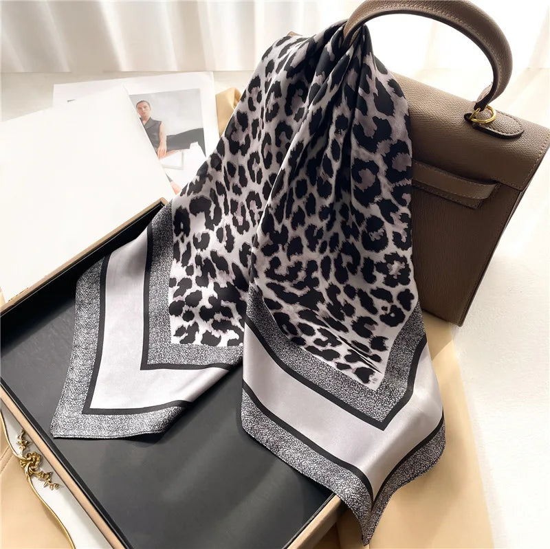 Luxury Brand Women Leopard Print Square Hijab Scarf Soft Satin Silk-like Small Neck Scarf Stylish Casual Headscarf