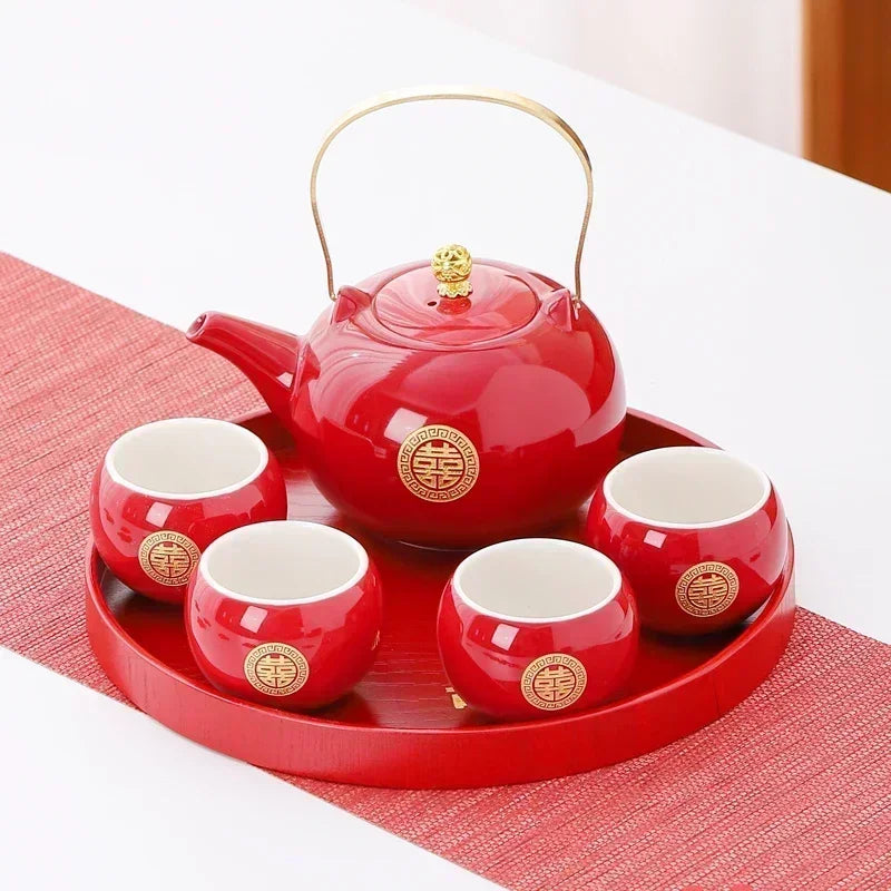 Red Ceramic Tea Set, Chinese Wedding Tea Set, Handmade Tea Pot Set, Special Customized Home Porcelain Beauty Tea Cup Set