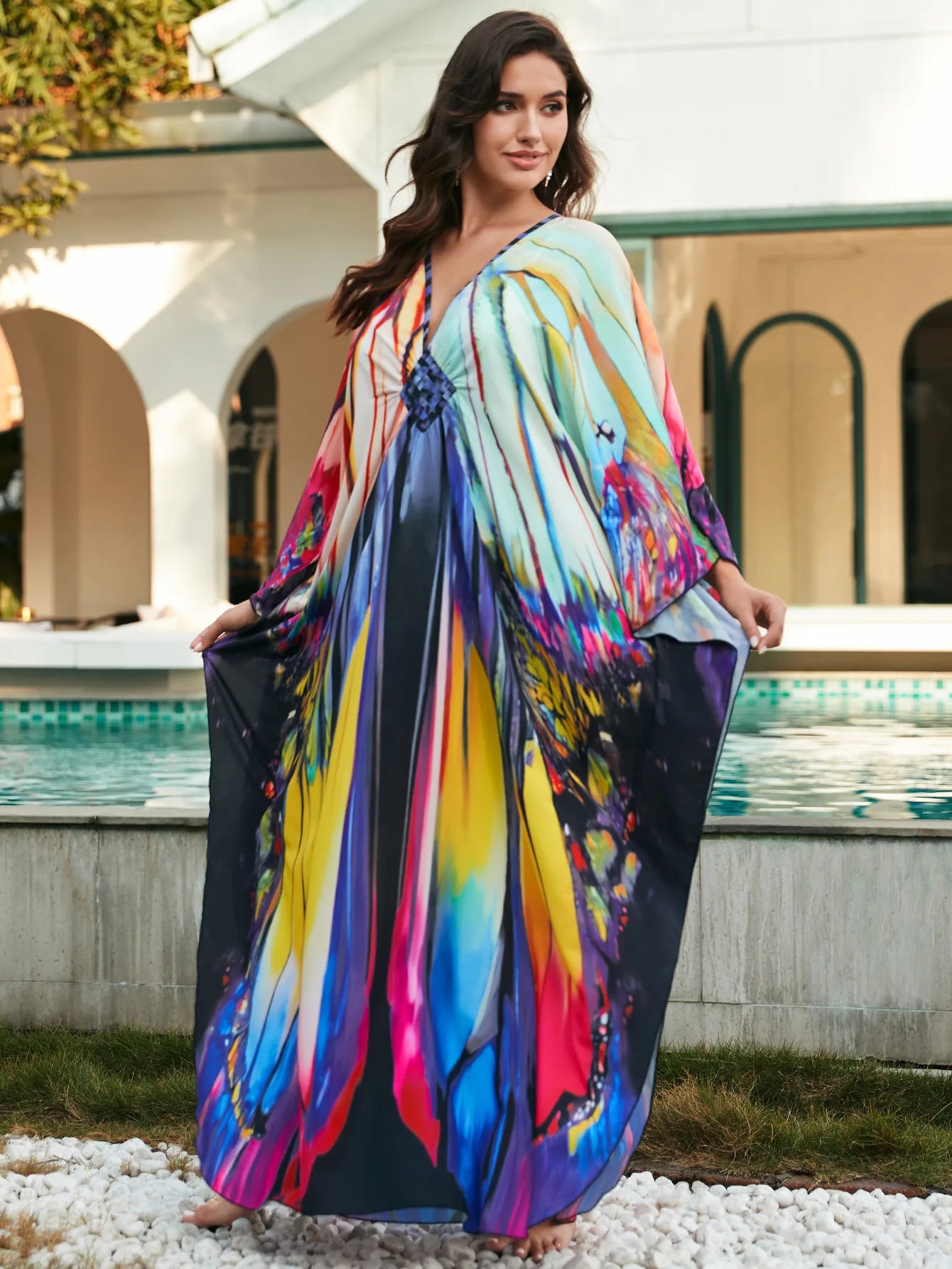 Kaftan Dresses for Women Plus Size Batwing Sleeve Caftans Long Bathing Suit Cover Up Maxi Beach Dress Loungewear