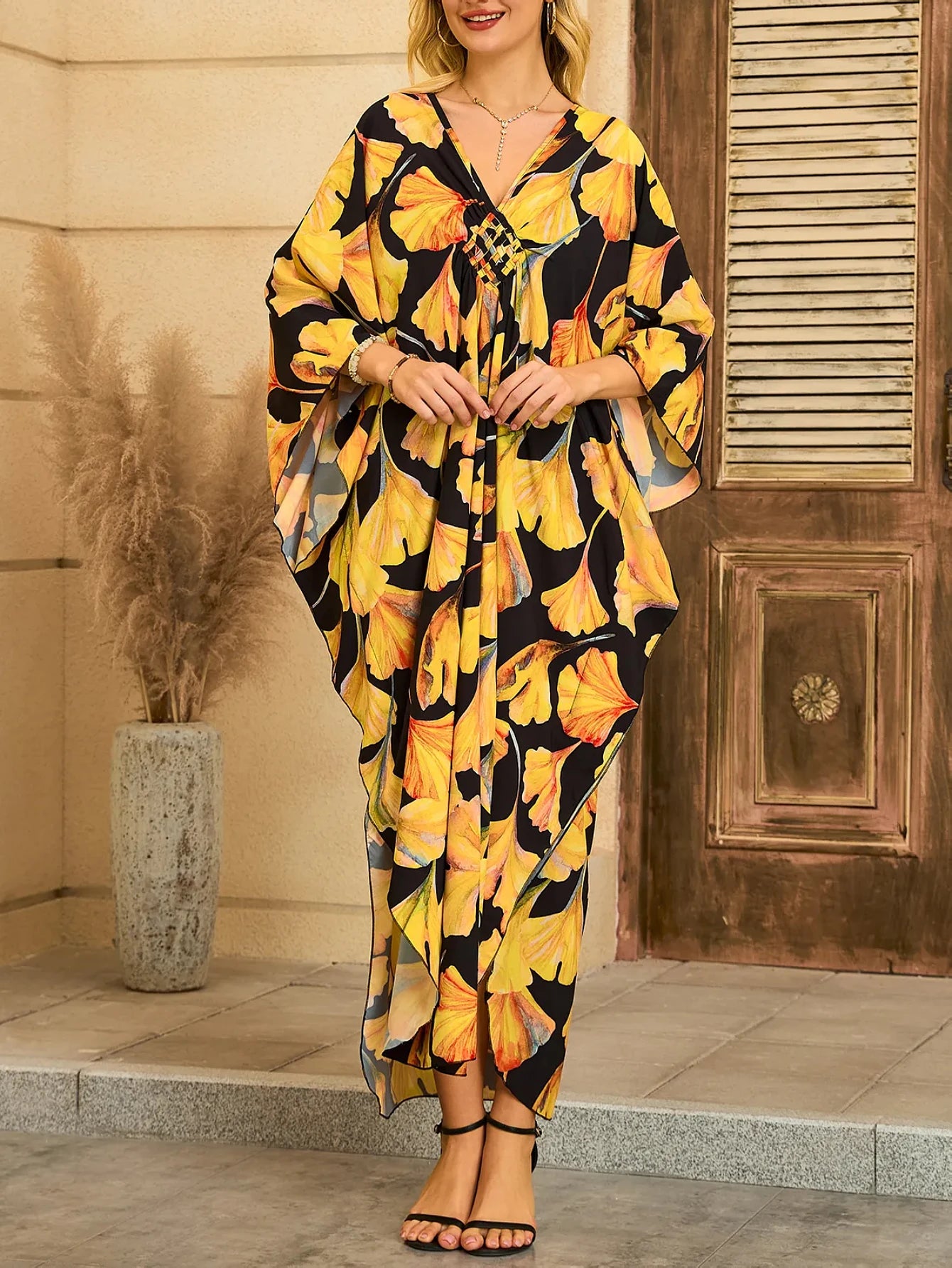 Women Kaftan Dresses Plus Size V-Neck Batwing Sleeves Beach Cover Up Summer Floral Print Caftan Dress