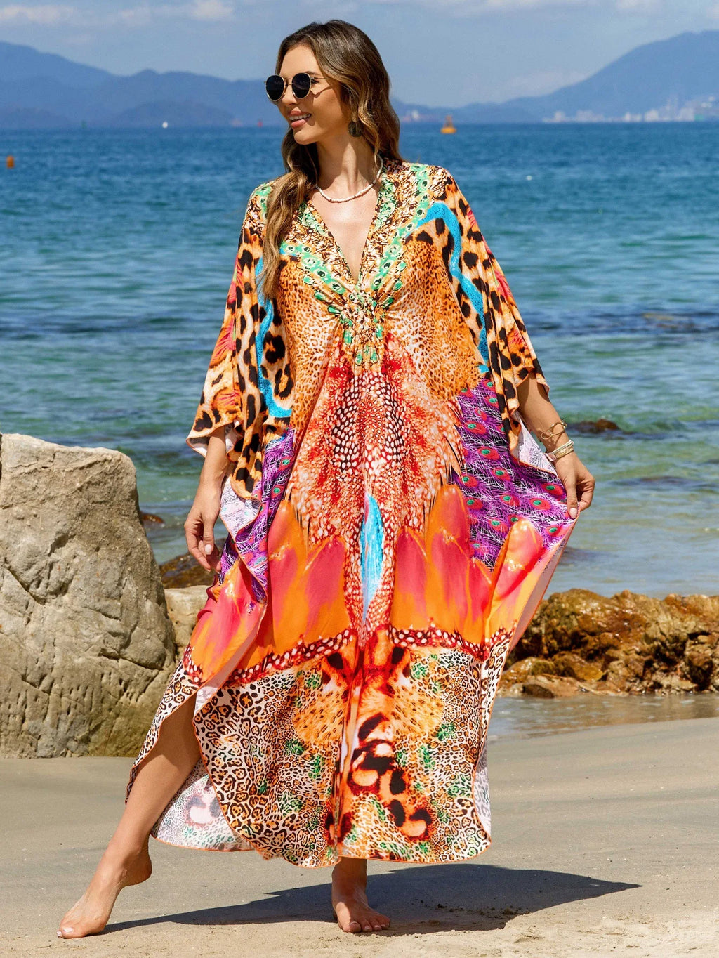 Beach Dresses Leopard Printed Kaftans for Women Hand Woven Cover Ups for Swimwear Factory Supply