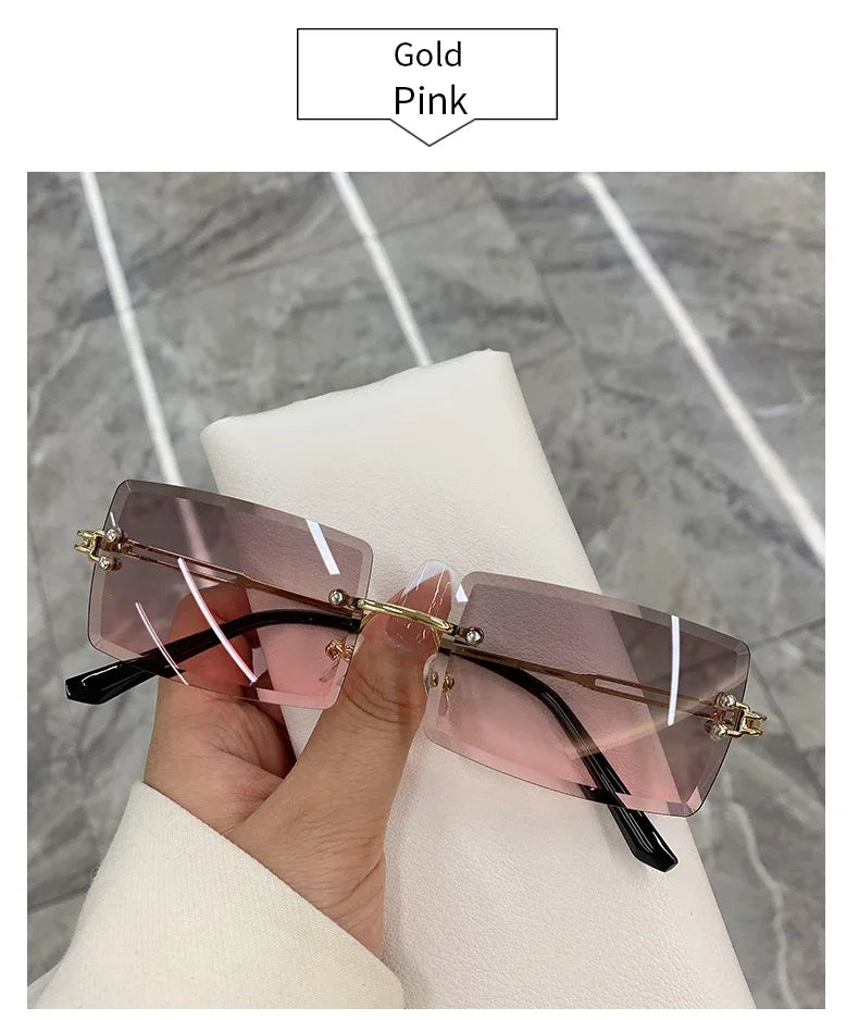 Vintage Fashion Rimless Sunglasses for Women Frameless Rectangle Shades Gradient UV400 Summer Traveling Sun Glasses for Womenn