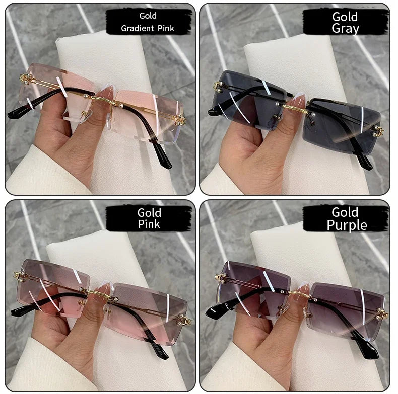 Vintage Fashion Rimless Sunglasses for Women Frameless Rectangle Shades Gradient UV400 Summer Traveling Sun Glasses for Womenn