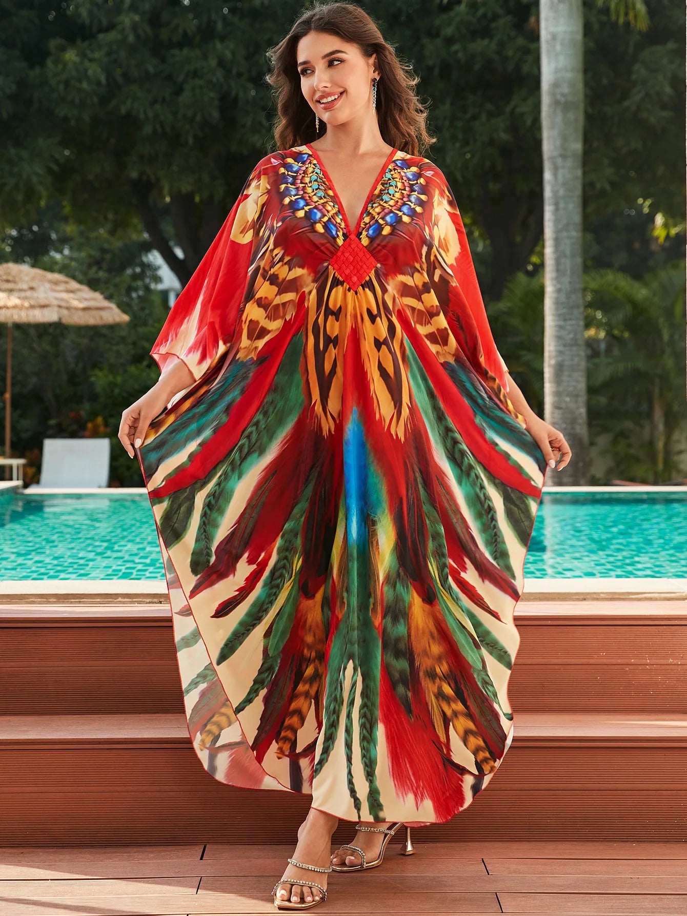 Kaftan Dresses for Women Plus Size Batwing Sleeve Caftans Long Bathing Suit Cover Up Maxi Beach Dress Loungewear