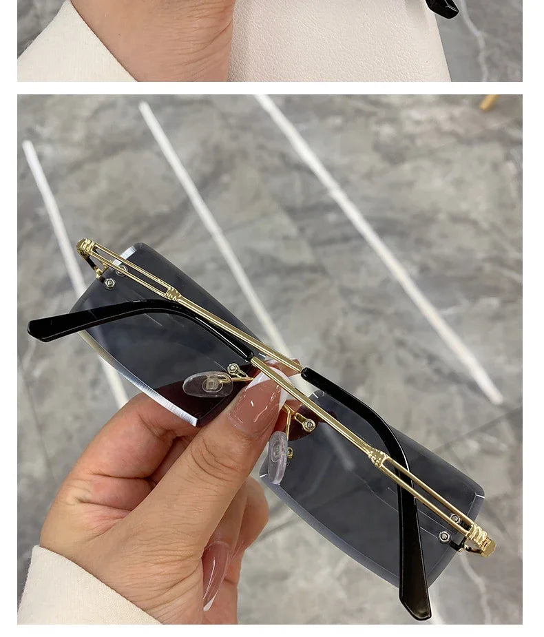 Vintage Fashion Rimless Sunglasses for Women Frameless Rectangle Shades Gradient UV400 Summer Traveling Sun Glasses for Womenn