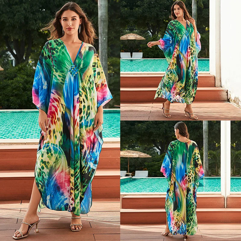 Women Ethnic Print Kaftan Beach Dress Bathing Suit Plus Size Swimsuit Cover Up Beachwear