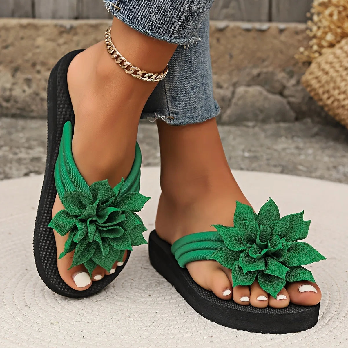 Women's Floral Flip Flops SlipOn Vacation Style Mid Heel Sandals Fabric Upper EVA Sole Insole Solid Color Summer Casual Footwear