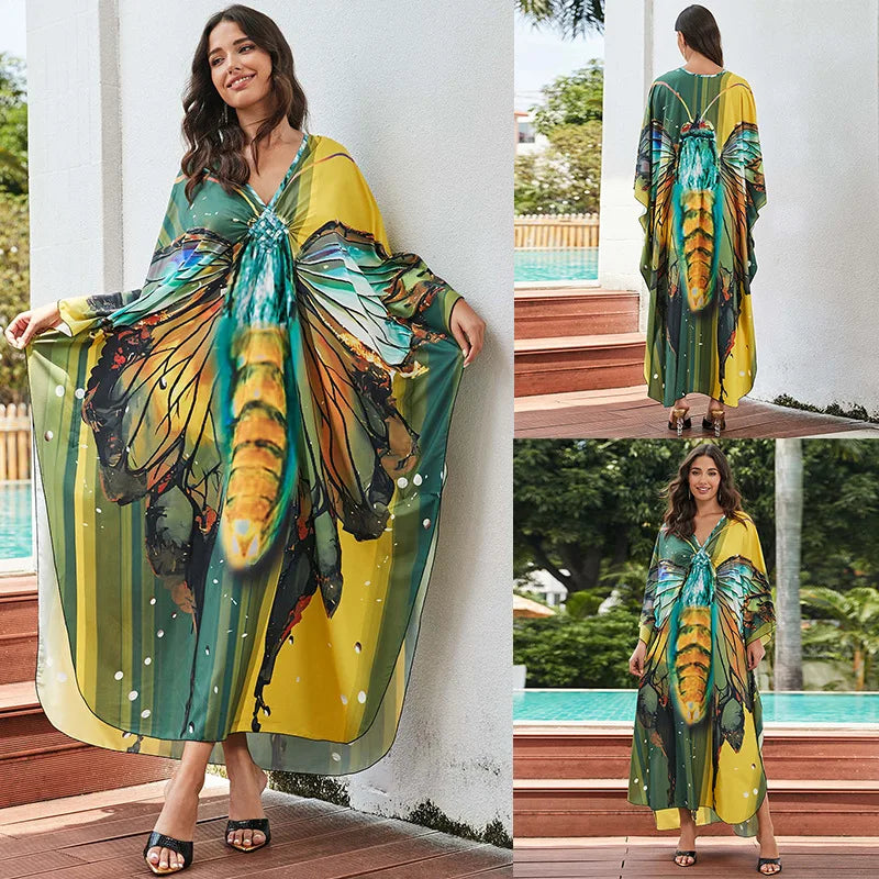 Women Ethnic Print Kaftan Beach Dress Bathing Suit Plus Size Swimsuit Cover Up Beachwear