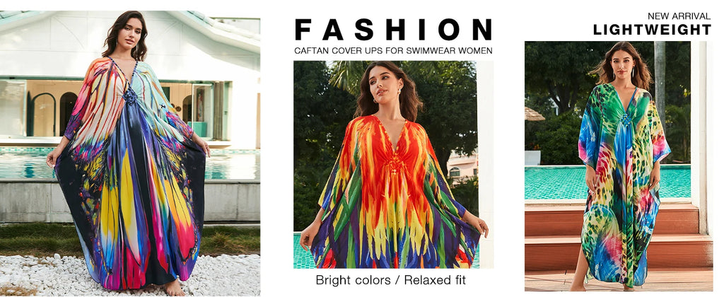 Kaftan Dresses for Women Plus Size Batwing Sleeve Caftans Long Bathing Suit Cover Up Maxi Beach Dress Loungewear