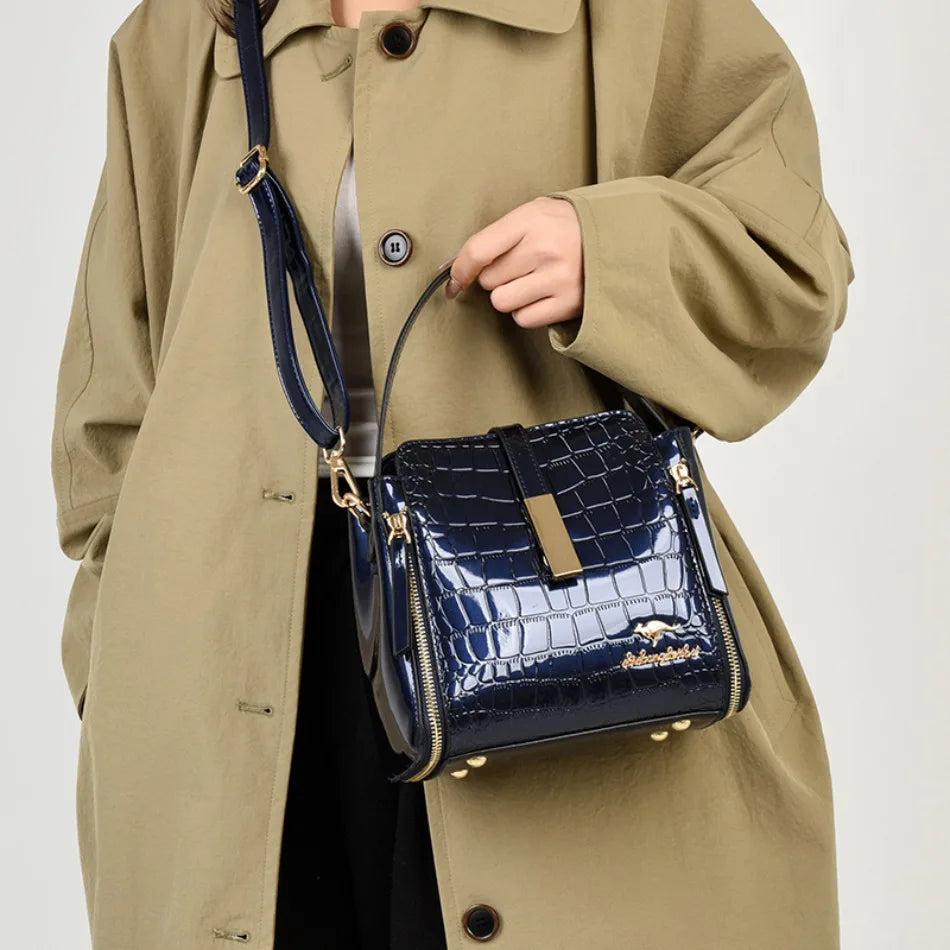 Women's Glossy Crocodile Embossed Patent Leather Bucket Bag Casual Top Handle Crossbody Shoulder Handbag for Daily Commute Sac