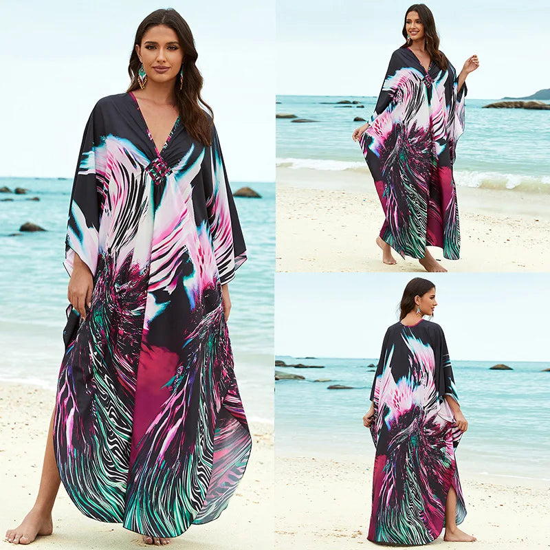 Women Ethnic Print Kaftan Beach Dress Bathing Suit Plus Size Swimsuit Cover Up Beachwear