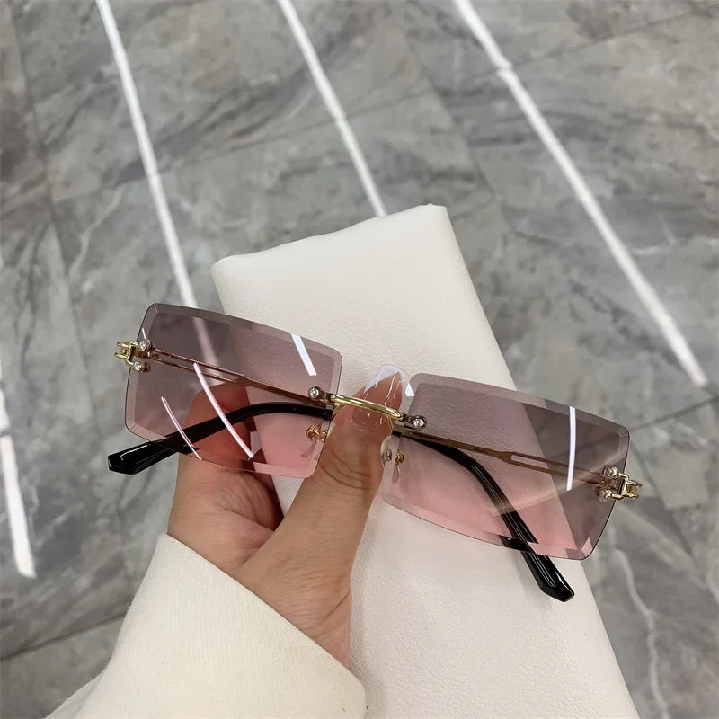 Vintage Fashion Rimless Sunglasses for Women Frameless Rectangle Shades Gradient UV400 Summer Traveling Sun Glasses for Womenn