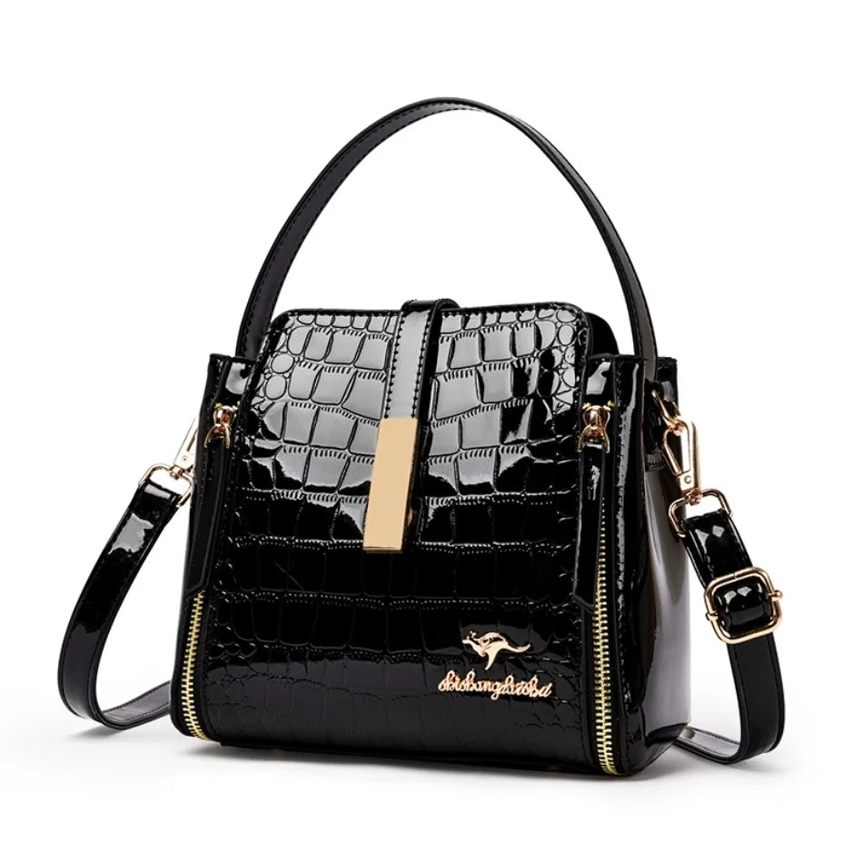 Women's Glossy Crocodile Embossed Patent Leather Bucket Bag Casual Top Handle Crossbody Shoulder Handbag for Daily Commute Sac
