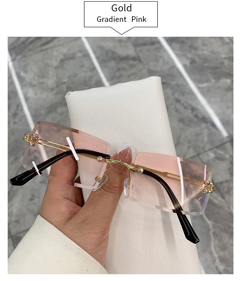 Vintage Fashion Rimless Sunglasses for Women Frameless Rectangle Shades Gradient UV400 Summer Traveling Sun Glasses for Womenn