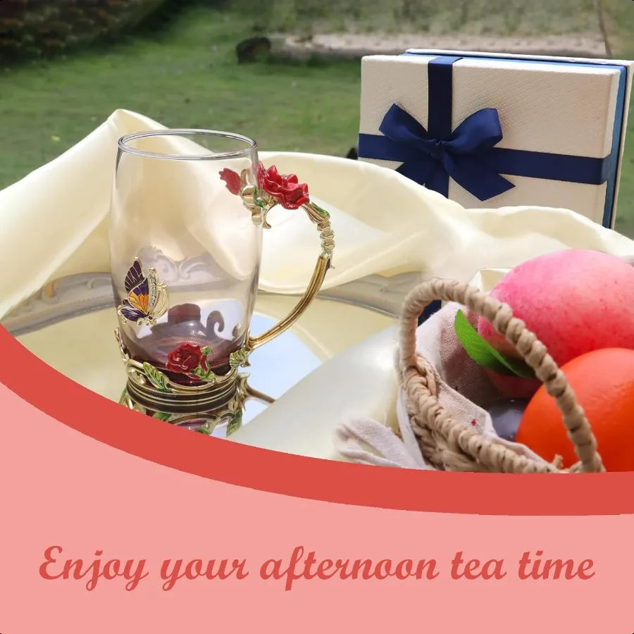 Flower Tea Cup Butterfly Rose Clear Glass Fancy Coffee Mug with Spoon Gift Box for Her Mom Wife Grandma Girls Friends Valentine